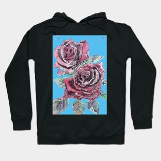 Red Rose Watercolor Painting on Blue Hoodie